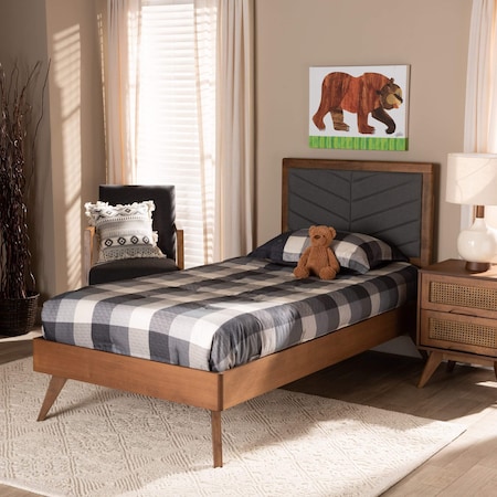 Baxton Studio Roze Mid-Century Dark Grey Fabric Upholstered and Walnut brown Finished Wood Platform Bed-Twin 192-11542-11159-ZORO